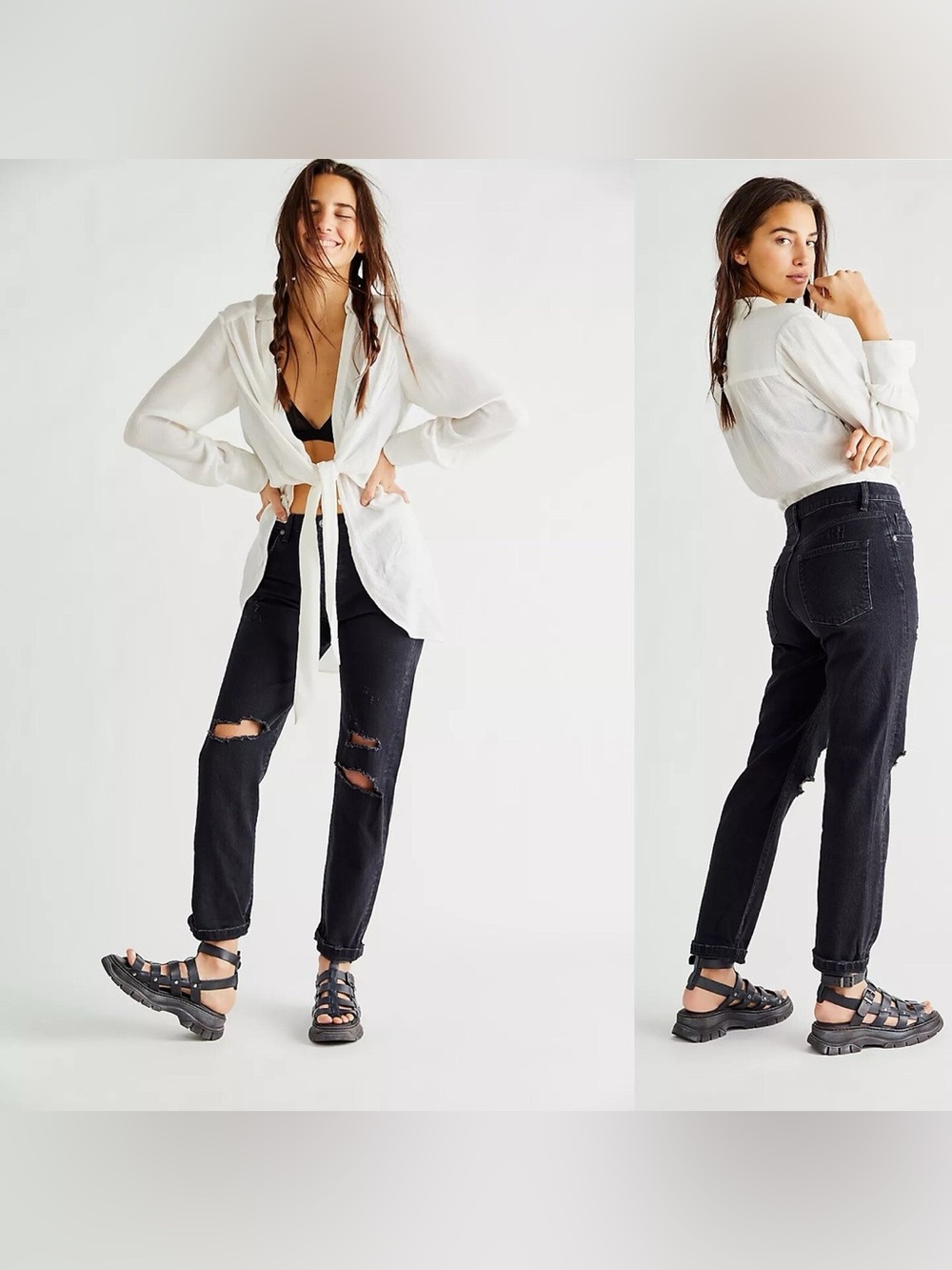 Free People We The Free Bren Black Ripped High-Rise Boyfriend Jeans Size 27